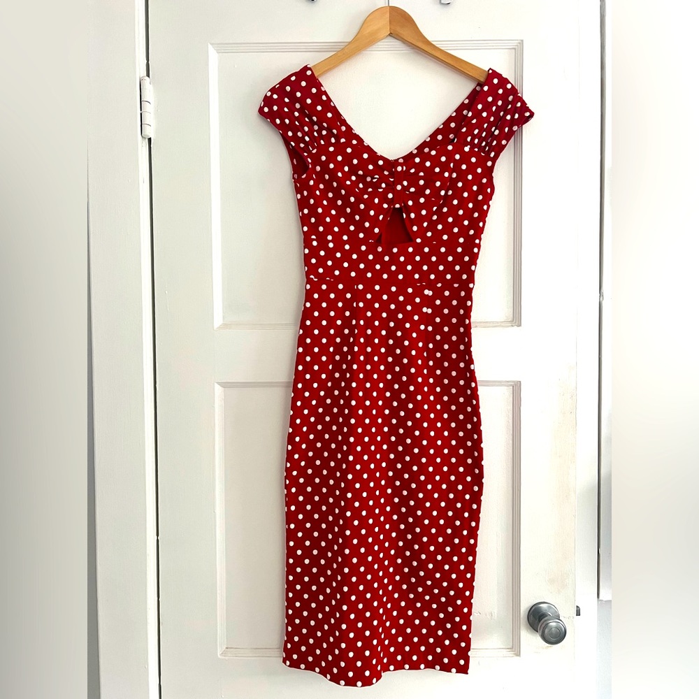 Vintage style red white polka dot cut out dress